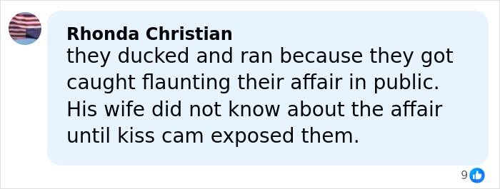 Comment by Rhonda Christian discussing how the kiss cam exposed an affair, sparking a viral moment.
