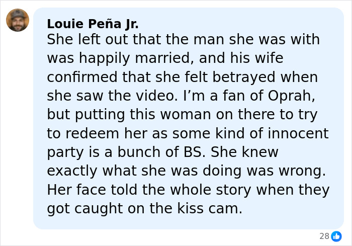 Comment by Louie Pe&ntilde;a Jr. discussing the Coldplay kiss cam exec's viral moment and Oprah interview reaction.