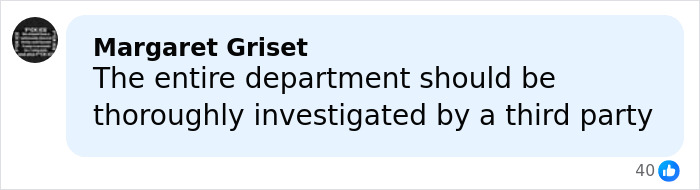 Comment by Margaret Griset expressing the need for thorough investigation of police department by third party.