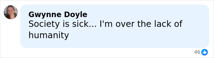 Comment by Gwynne Doyle expressing distress over society's lack of humanity, related to female police officer accused crimes case.