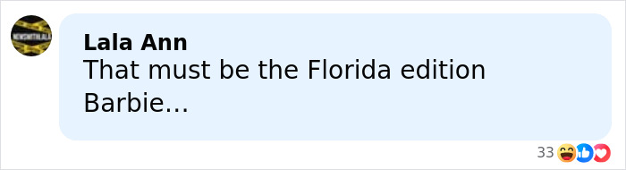 Comment from user Lala Ann about Florida edition Barbie in a social media post discussing Barbie packaging discovery.