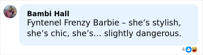 Comment from Bambi Hall about a Barbie doll described as stylish, chic, and slightly dangerous.