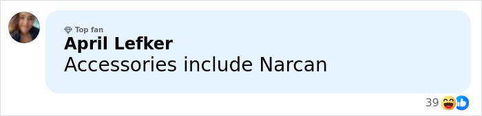 Screenshot of a Facebook comment by April Lefker stating accessories include Narcan in Barbie packaging controversy.