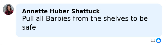 Facebook comment from Annette Huber Shattuck warning to pull all Barbies from shelves amid hidden discovery in Barbie packaging concerns.