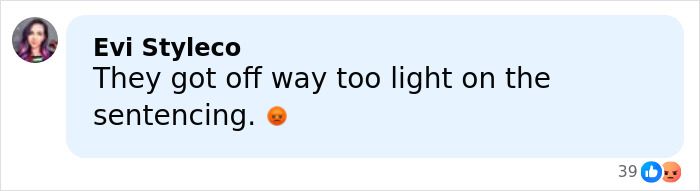 Facebook comment by Evi Styleco expressing frustration about a light sentencing in a heartbreaking ending after couple extorted Chick-Fil-A employee.