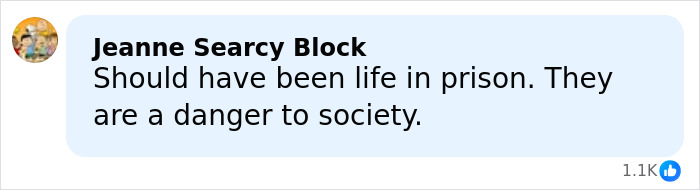 Facebook comment from Jeanne Searcy Block expressing that offenders should have been sentenced to life in prison as they are a danger to society.