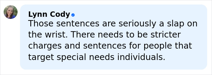 Alt text: Social media comment criticizing lenient sentences for couple who extorted Chick-Fil-A employee after kind favor.