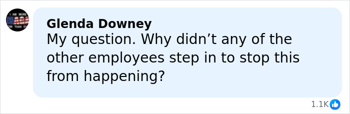 Comment from Glenda Downey questioning why other employees did not intervene during couple's extortion of Chick-Fil-A employee.