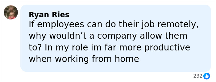 Comment by Ryan Ries stating employees should be allowed to work from home for better productivity and job performance. Comment by Ryan Ries stating employees should be allowed to work from home for better productivity and job performance.