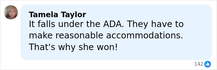 Comment by Tamela Taylor explaining the case involved reasonable accommodations under the ADA and why the mom won damages. Comment by Tamela Taylor explaining the case involved reasonable accommodations under the ADA and why the mom won damages.