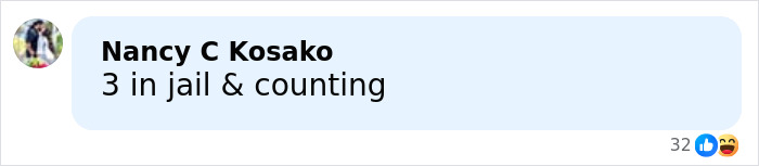 Comment stating 3 in jail & counting on social media platform with engagement icons shown below.