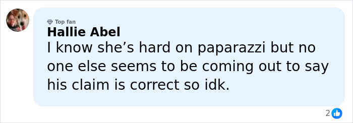 User comment by Hallie Abel discussing paparazzi and claims amid backlash involving Chappell Roan and Jude Law's daughter. User comment by Hallie Abel discussing paparazzi and claims amid backlash involving Chappell Roan and Jude Law's daughter.