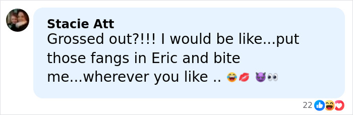 Facebook comment from Stacie Att expressing excitement and playful reaction about a vampire character named Eric and kissing scenes.