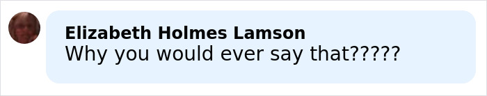 Comment from Elizabeth Holmes Lamson questioning a statement with multiple question marks in a social media post.