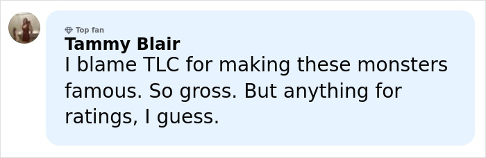 Comment by Tammy Blair criticizing TLC for making Joseph and Kendra Duggar's situation famous amid allegations.