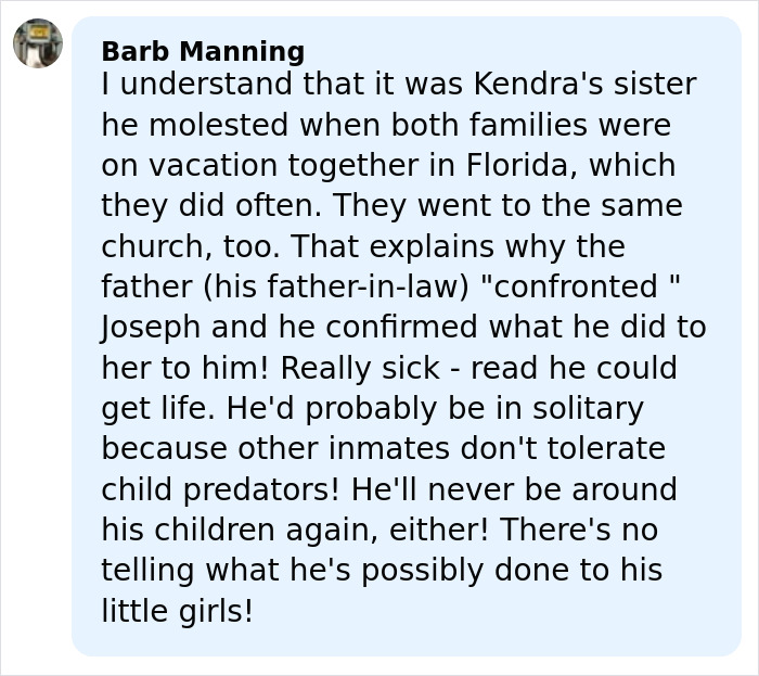Comment discussing neighbor of Joseph and Kendra Duggar reacting to wife&rsquo;s arrest amid allegations.