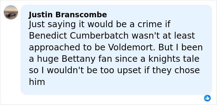Facebook comment discussing Benedict Cumberbatch and new name topping list to play Voldemort in Harry Potter. Facebook comment discussing Benedict Cumberbatch and new name topping list to play Voldemort in Harry Potter.