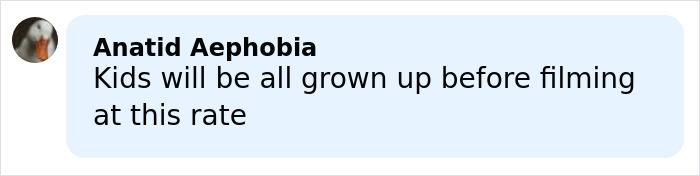 Comment by Anatid Aephobia expressing concern about kids growing up before filming progresses. Comment by Anatid Aephobia expressing concern about kids growing up before filming progresses.