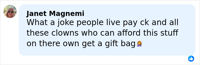 Comment criticizing the expensive $346K Oscars gift bag for nominees, calling it a joke amid financial struggles.