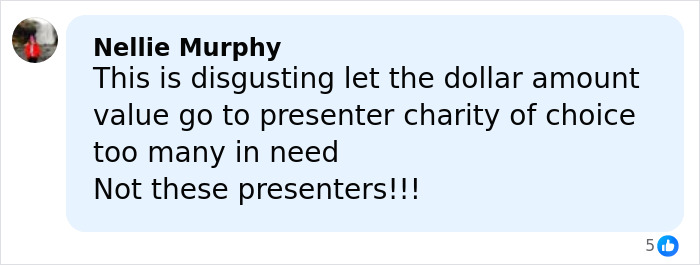 Social media comment criticizing the $346K Oscars gift bag value, urging donation to charity instead of presenters.