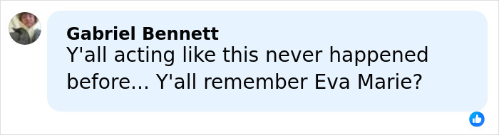 Facebook comment by Gabriel Bennett questioning others, mentioning Eva Marie, related to pro wrestler Kiana James wardrobe malfunction.