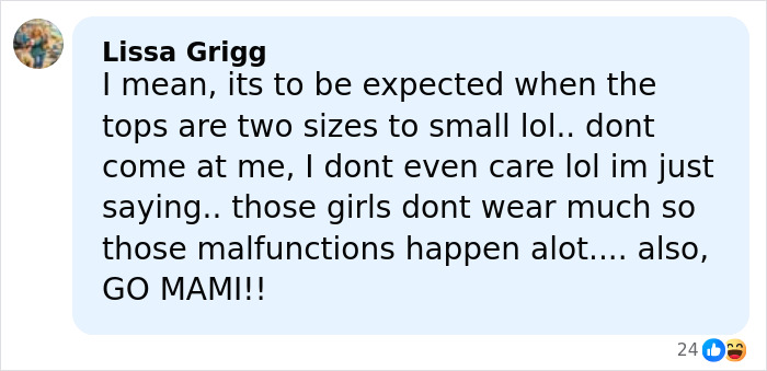 Comment by Lissa Grigg discussing expected wardrobe malfunctions often faced by pro wrestler Kiana James on live TV.