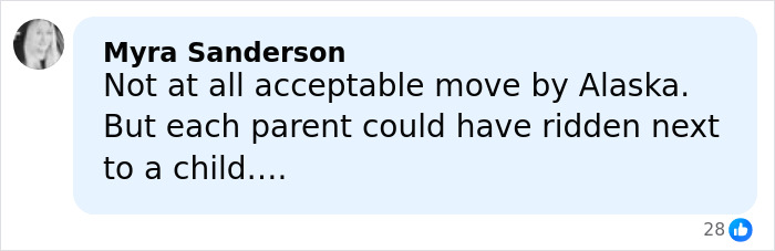 Comment by Myra Sanderson criticizing Alaska Airlines for separating parents from their kids during a flight experience. Comment by Myra Sanderson criticizing Alaska Airlines for separating parents from their kids during a flight experience.