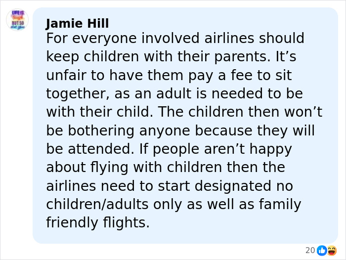 Comment by Jamie Hill criticizing airlines for separating children from parents during flights, highlighting family travel issues. Comment by Jamie Hill criticizing airlines for separating children from parents during flights, highlighting family travel issues.