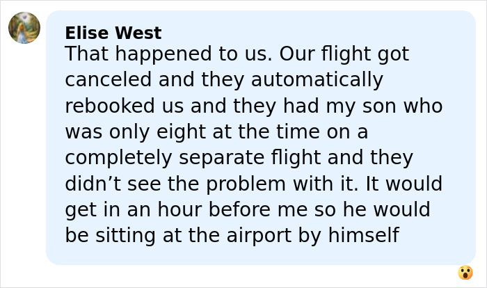 Comment from Elise West about airline separating her young son on different flight causing concern during travel. Comment from Elise West about airline separating her young son on different flight causing concern during travel.