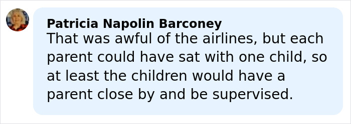 Comment by Patricia Napolin Barconey criticizing the airline for separating parents and children during flight issues. Comment by Patricia Napolin Barconey criticizing the airline for separating parents and children during flight issues.