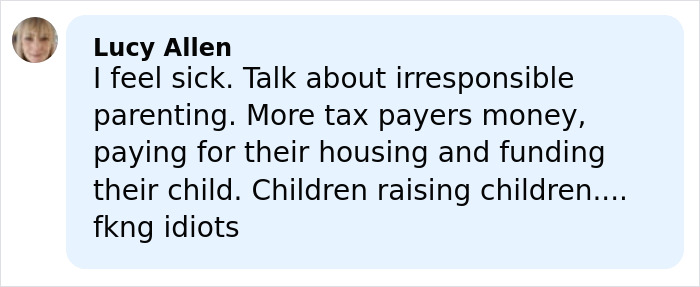 Screenshot of a social media comment expressing strong opinion on irresponsible parenting in a controversial teen pregnancy case.