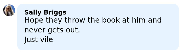 User comment by Sally Briggs expressing hope the open misogynist faces harsh consequences for his crime.