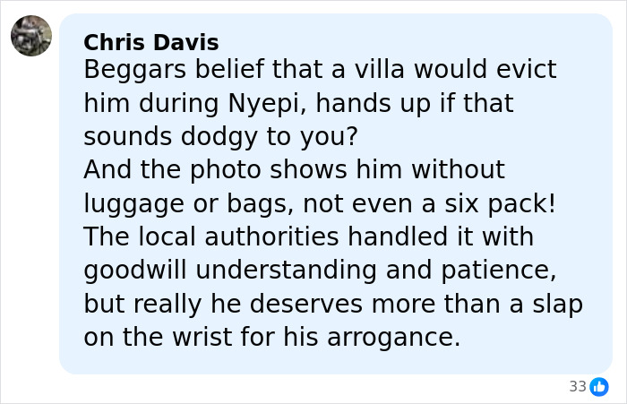 Comment discussing American tourist&rsquo;s arrest for going out during Bali shutdown, highlighting local authorities&rsquo; response.