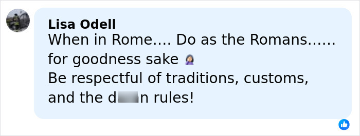Comment from Lisa Odell urging respect for traditions and rules during Bali shutdown amid American tourist arrest consequences.