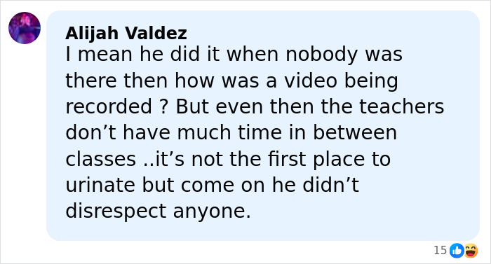 Comment by Alijah Valdez discussing a California teacher suspended after bizarre classroom act secretly filmed by student.