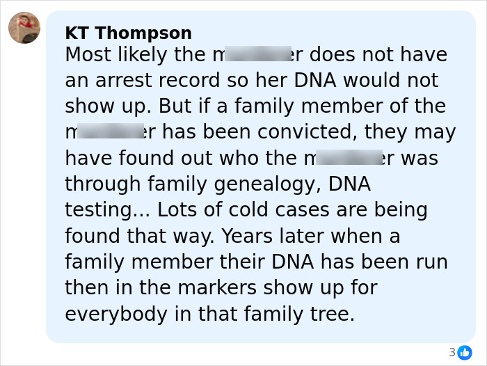 Comment discussing how DNA testing and family genealogy help solve mysterious homicide cold case of realtor after 15 years.