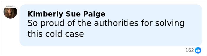 User profile picture and comment expressing pride in authorities for solving a mysterious homicide cold case of realtor after 15 years.