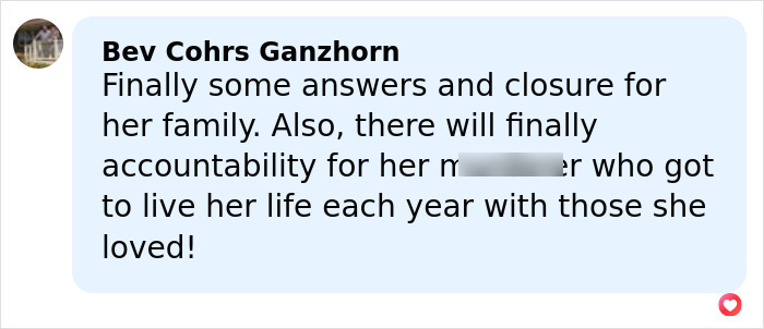 Comment praising closure and accountability in a mysterious homicide cold case of realtor solved after 15 years.