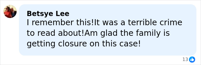 Facebook comment discussing a mysterious homicide cold case of realtor, expressing relief about family closure.