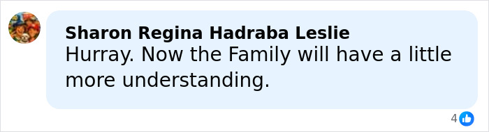 Facebook comment by Sharon Regina Hadraba Leslie expressing relief that the mysterious homicide cold case of realtor brings family understanding.