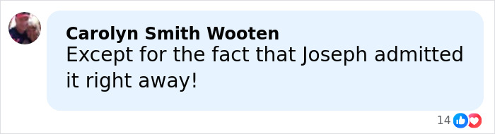 Comment from Carolyn Smith Wooten discussing Joseph admitting guilt related to convicted offender Josh Duggar’s family crime case. Comment from Carolyn Smith Wooten discussing Joseph admitting guilt related to convicted offender Josh Duggar’s family crime case.