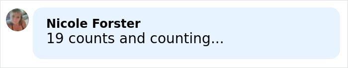Comment by Nicole Forster on social media discussing ongoing counts related to convicted offender Josh Duggar and Joseph's arrest. Comment by Nicole Forster on social media discussing ongoing counts related to convicted offender Josh Duggar and Joseph's arrest.