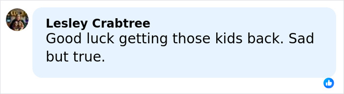 Comment by Lesley Crabtree expressing sympathy about children and the arrest footage of Joseph Duggar&rsquo;s wife Kendra.