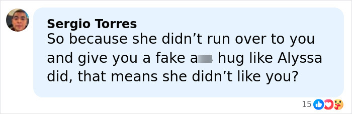 Comment by Sergio Torres questioning a fake hug and feelings toward Kaley Cuoco’s former co-star in an online discussion thread.