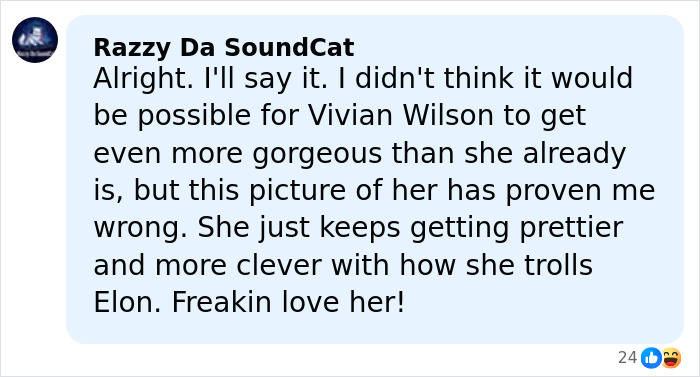 Alt text: Comment praising Elon Musk's trans daughter Vivian for her cleverness and new merch line trolling her dad.