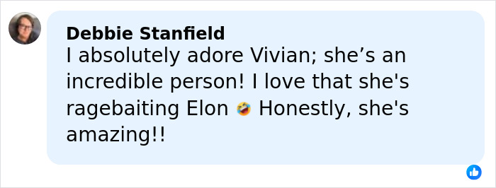 Comment from Debbie Stanfield praising Elon Musk's trans daughter Vivian for humorously trolling her dad with new merch.