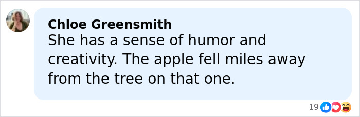 Comment by Chloe Greensmith praising Vivian's humor and creativity in Elon Musk's trans daughter's merch line discussion.