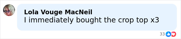 Comment from Lola Vouge MacNeil expressing excitement about buying the crop top three times related to Elon Musk's trans daughter Vivian merch.