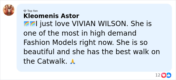Comment praising Vivian Wilson as a top fashion model with a beautiful look and impressive catwalk skills.