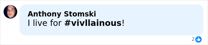 Social media comment praising Vivian Musk's merch line with bold hashtag vivllainous in black text on light blue background.